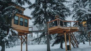 Eine Holzhütte mit Baumhaus, umgeben von schneebedeckten Bäumen.