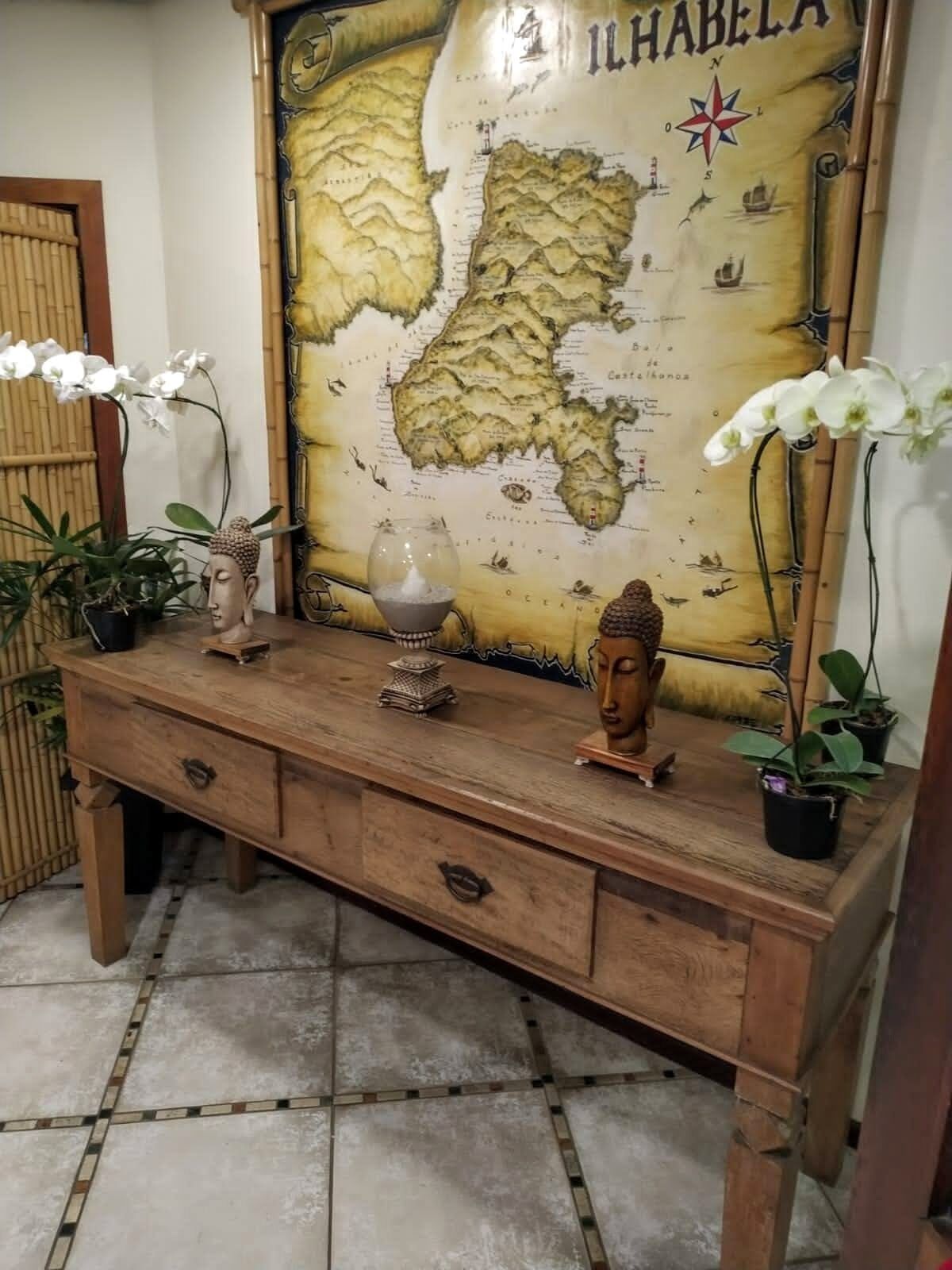 A wooden console table with a map, decorative items, and potted plants.