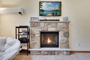 A living room with a stone fireplace, a mounted TV, a bookshelf, and a couch. - Chalet w/ firepit, deck, BBQ, fireplace, Wi-Fi, AC, close to waterparks, skiing (Pocono Lake)