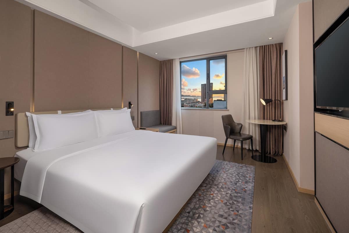 Down comforters, desk, blackout drapes, soundproofing