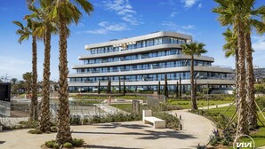 A modern multi-story building with a glass facade, surrounded by palm trees and a landscaped area with benches.