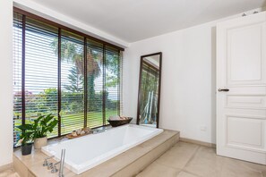 Bathtub, hair dryer, towels, soap