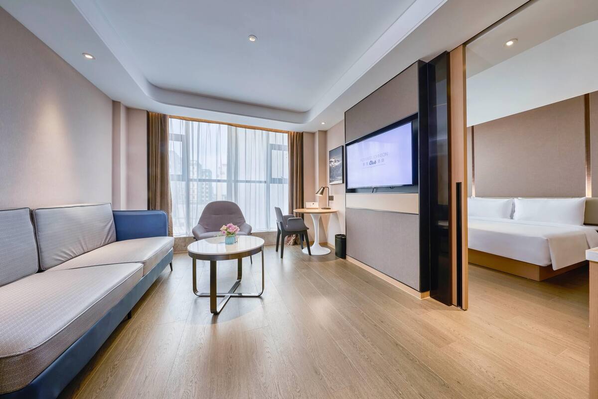 Une chambre d’hôtel moderne équipée d’un canapé, d’un lit, d’une télévision et d’une petite table sur laquelle est posé un vase.