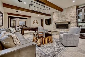 Smart TV, fireplace, video games, DVD player