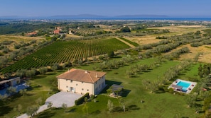 A large house with a swimming pool, surrounded by olive groves and a hilly landscape.