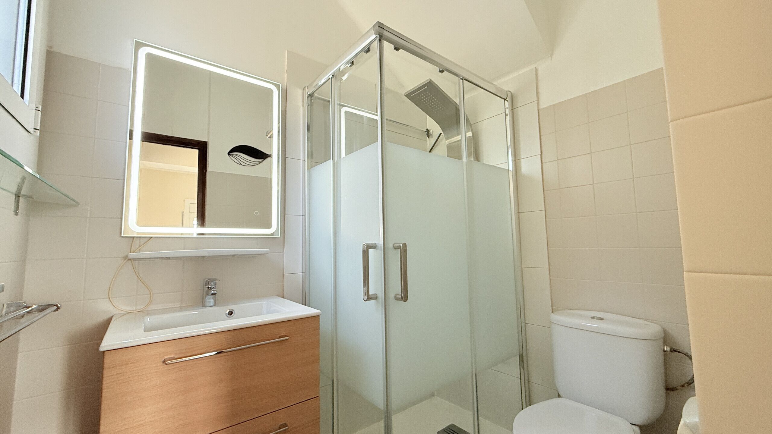 A modern bathroom with a glass shower enclosure, a vanity with a mirror, and a toilet.