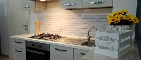 Fridge, oven, stovetop, coffee/tea maker