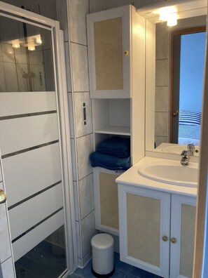 Shower, hair dryer, towels