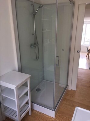 Shower, hair dryer, soap, toilet paper