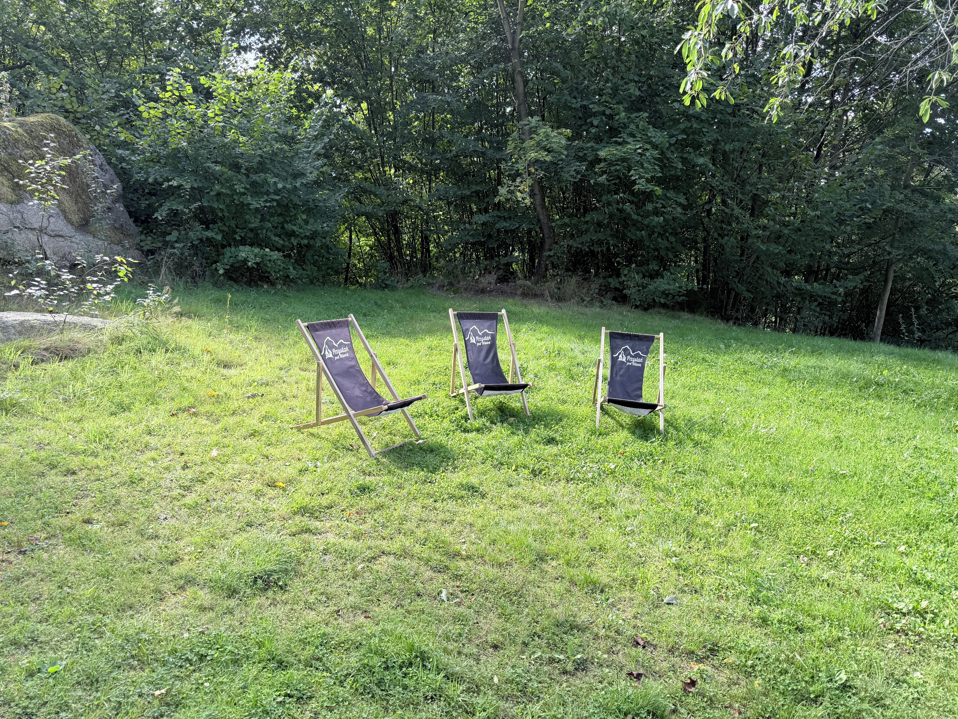 Three outdoor lounge chairs with a logo, set on a grassy area with trees in the background.