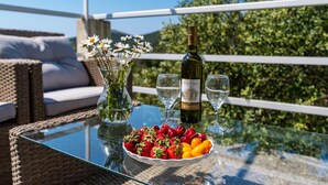 Een glazen tafel met een fles Pinot Sivi, twee wijnglazen, een fruitschaal en een vaas met bloemen.