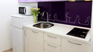 Une cuisine moderne avec un réfrigérateur blanc, un four à micro-ondes, un évier en acier inoxydable et une plaque de cuisson à induction noire.