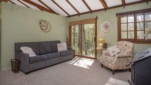 A cozy room with a grey sofa, a patterned armchair, and a television. - Quiet cottage nestled in the woods (Mount Gilead)