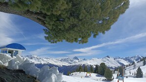 Eine verschneite Berglandschaft mit einem kleinen blauen Gebäude, vermutlich eine Berghütte oder Schutzhütte, und einem großen Baum darüber.