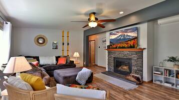 TV, fireplace, books, offices