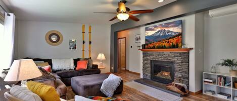 TV, fireplace, books, offices