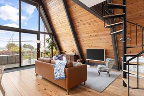 Smart TV, fireplace, books, computer monitors