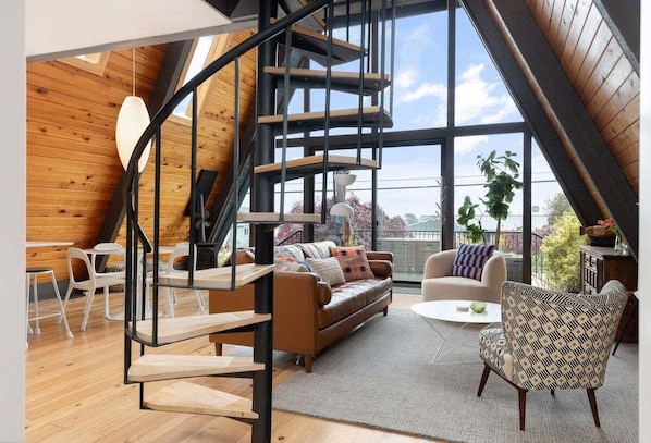 Smart TV, fireplace, books, computer monitors