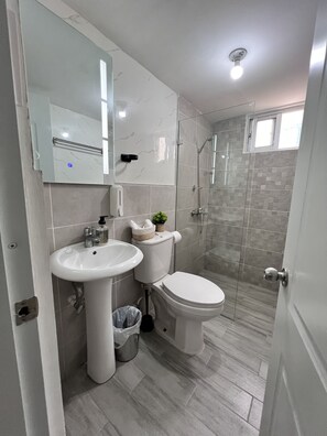 Dusche, Haartrockner, Handtücher, Seife