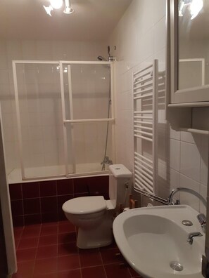 Une salle de bain avec douche, toilettes et lavabo.