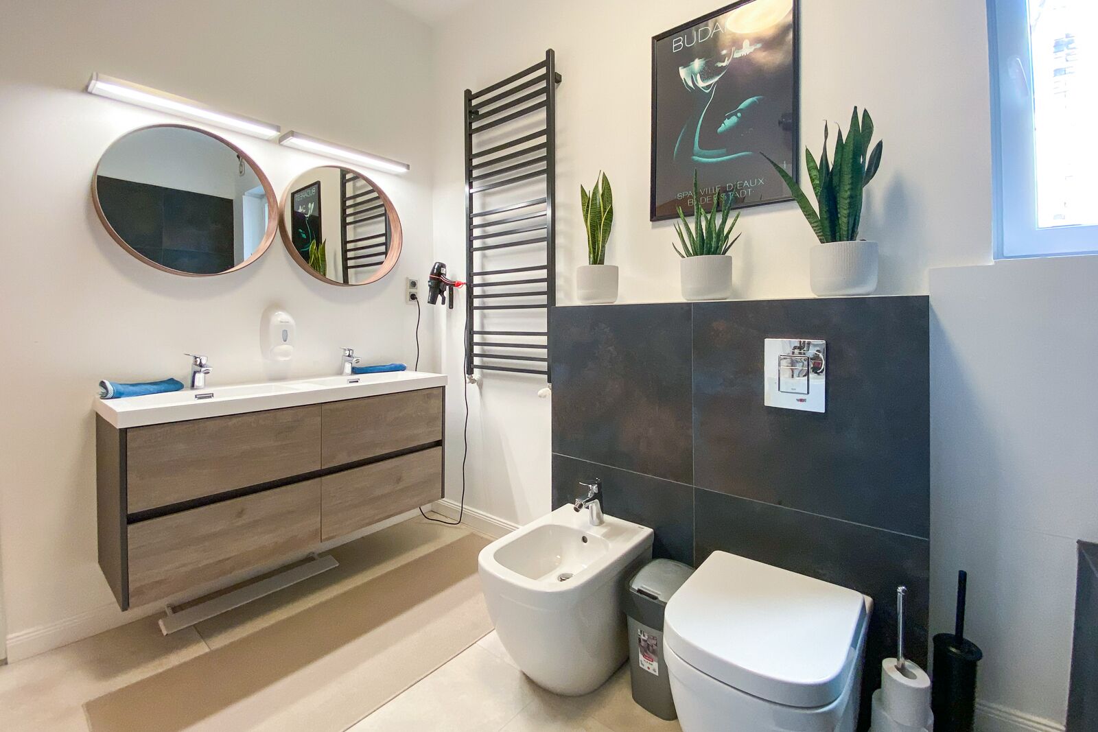 Combined shower/tub, hair dryer, bidet, towels