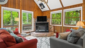Smart TV, fireplace, video games, DVD player