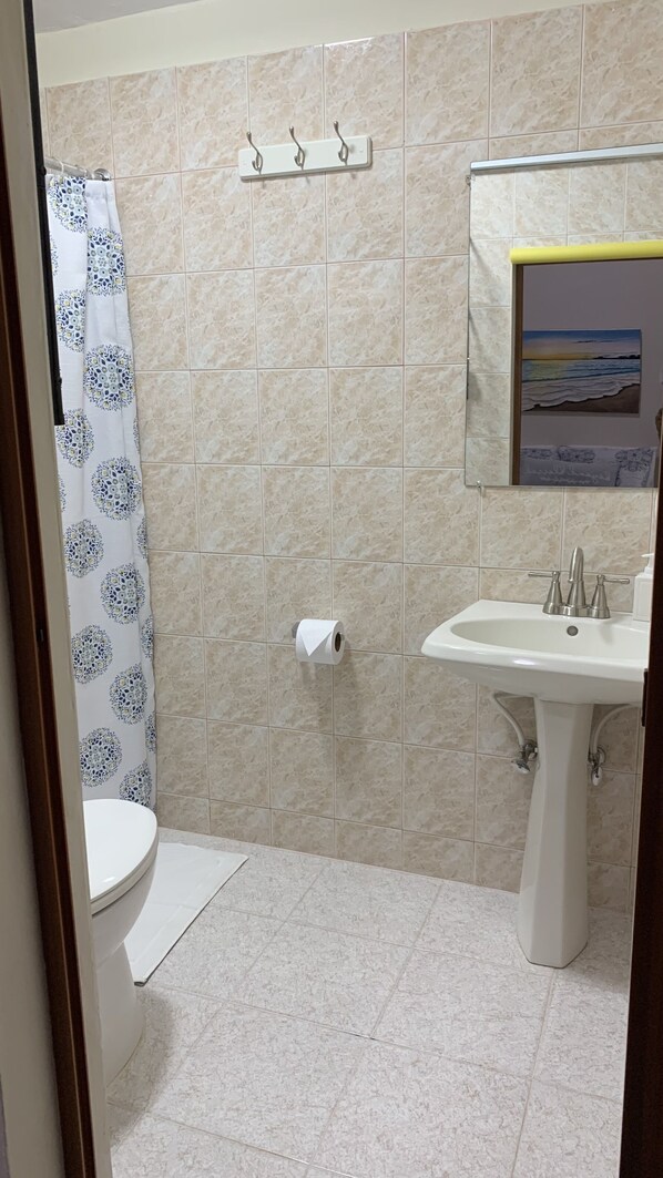 A bathroom with a toilet, sink, and shower curtain.