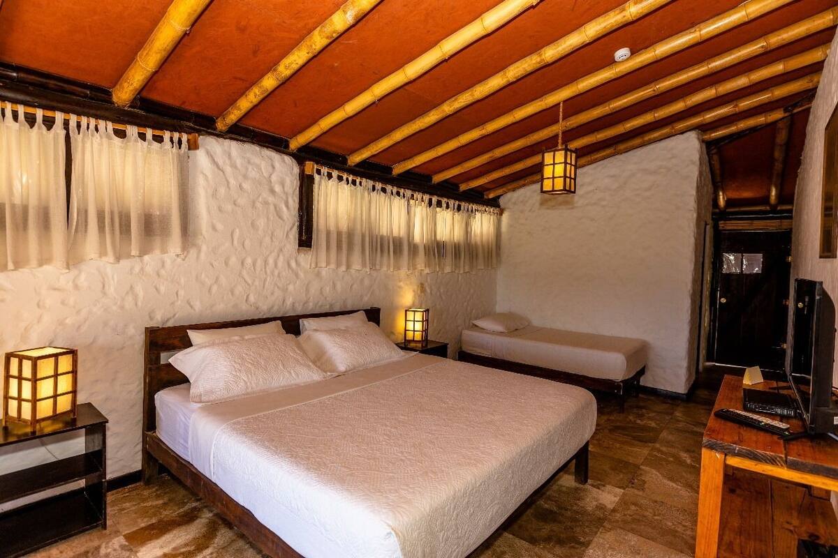 Une chambre à coucher avec un grand lit, deux tables de chevet, un petit canapé, une télévision et un plafond en bois.