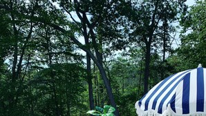 Une terrasse avec deux fauteuils en osier, une plante en pot et un parasol à rayures.