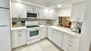 A modern kitchen with white cabinets, a built-in microwave, stove, and dishwasher.