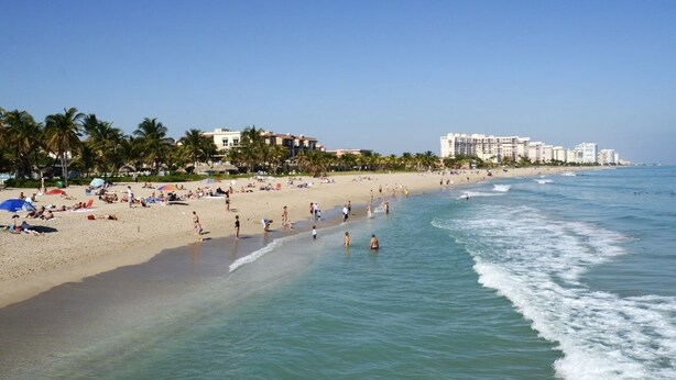 A beach with people sunbathing and swimming, palm trees, and buildings in the background.