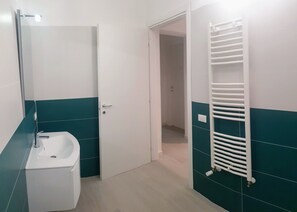 Shower, hair dryer, bidet, towels