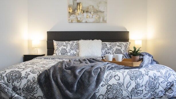A neatly made bed with patterned bedding, a bedside table with a lamp, and a wall-mounted artwork. - Modern 3-bedroom Guest Suite by Silicon Slopes (Eagle Mountain)