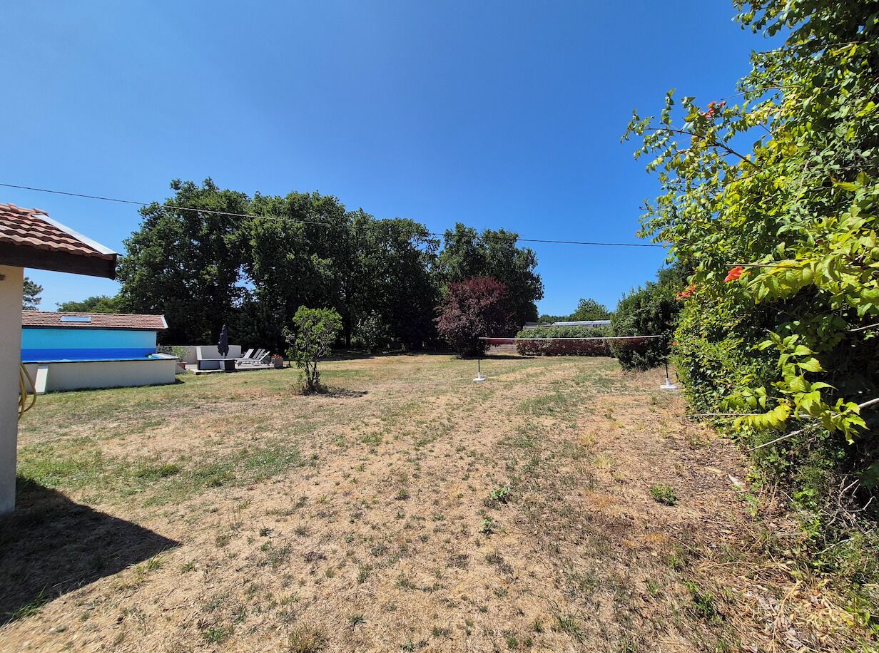 A grassy backyard with a small tree, a shed, and a pool.