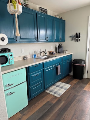Fridge, microwave, coffee/tea maker, toaster - Mil Suite-1-bedroom cottage with surrounding mountain views (La Veta)