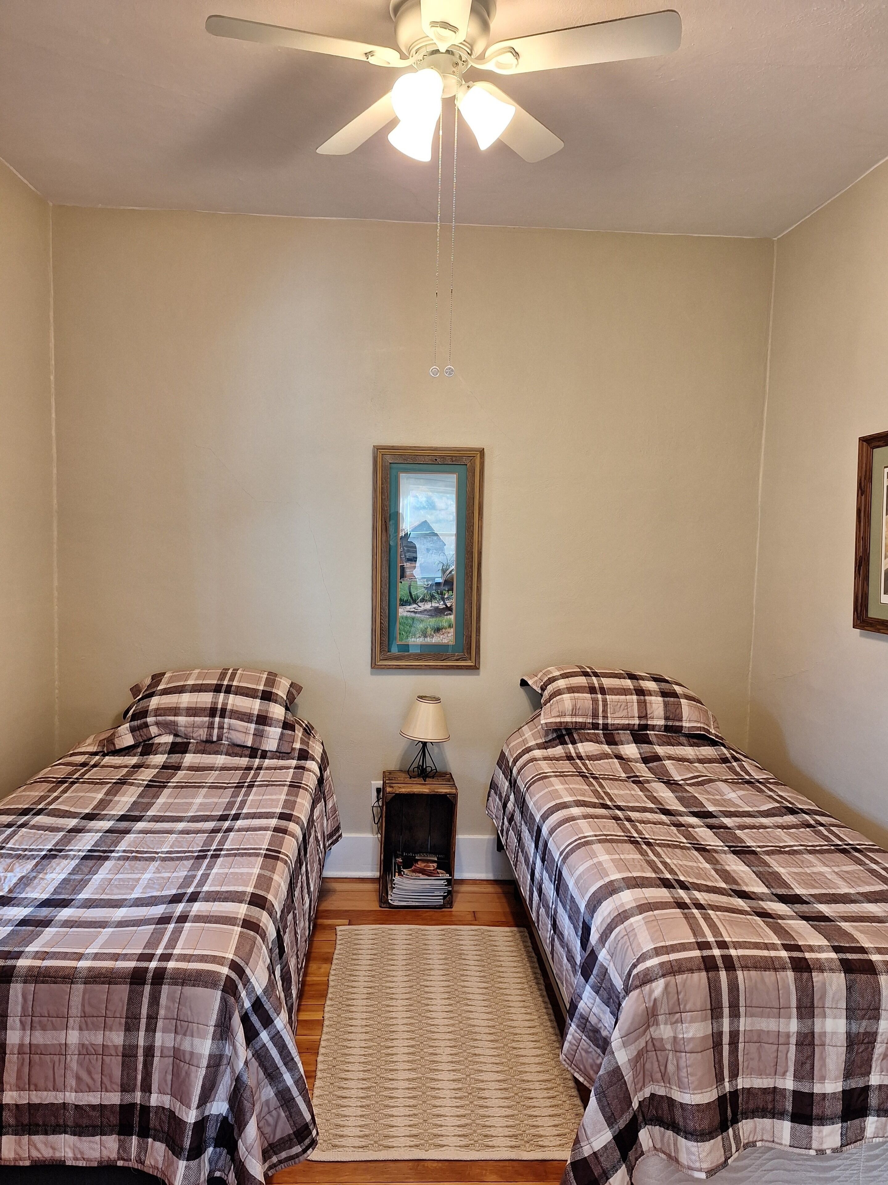 A bedroom with two beds, a ceiling fan, a framed picture on the wall, and a small table with a lamp.