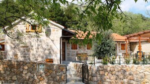 A stone house with a stone staircase leading to a wooden door, surrounded by trees and a stone wall. - Stunning home in Starigrad with sauna (Starigrad)