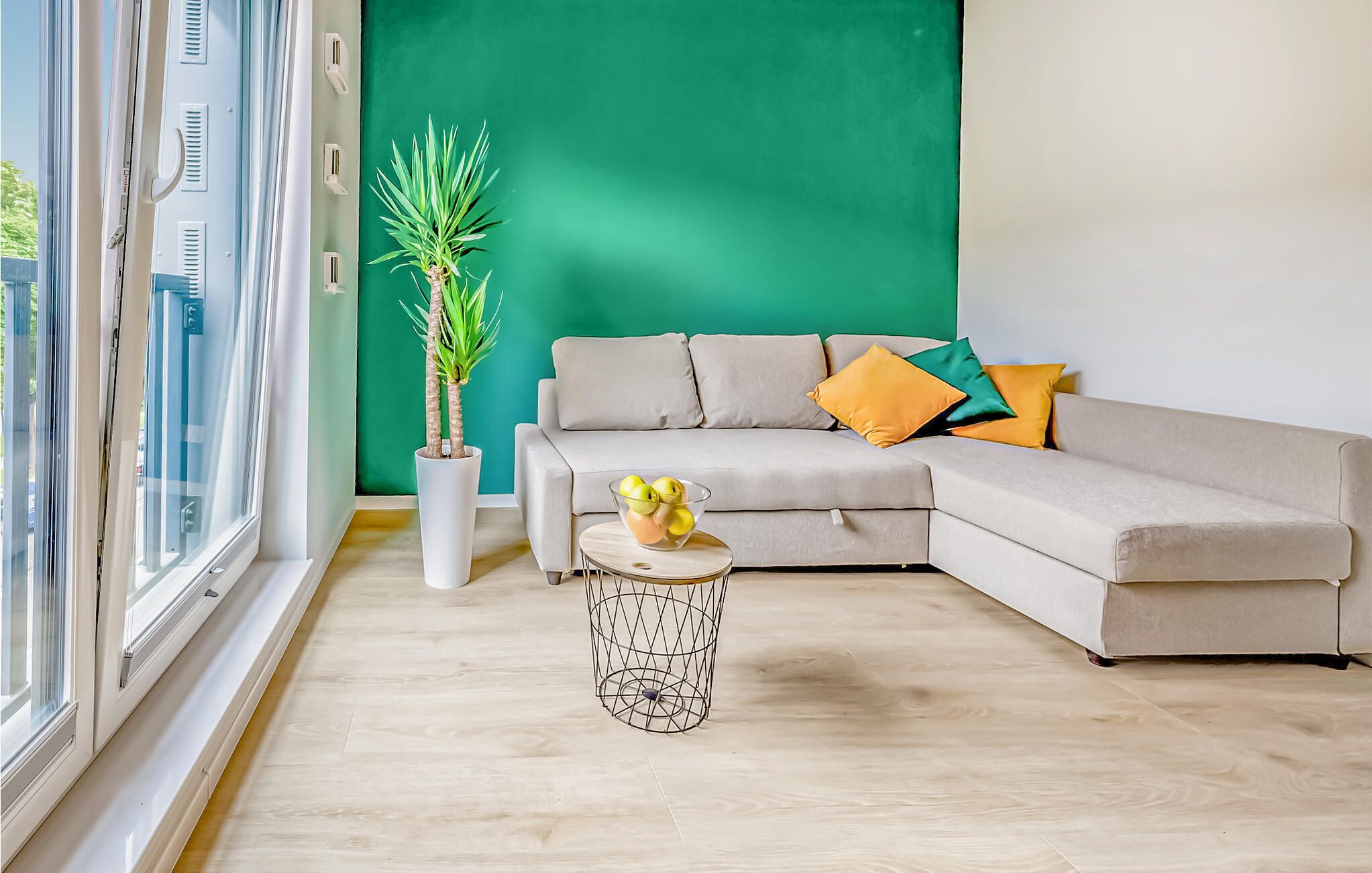 Een moderne woonkamer met een grijze modulaire bank, een klein rond tafeltje met een schaal appels en een hoge potplant.