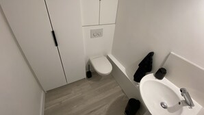 A small, modern bathroom with a toilet, sink, and mirror. - Beautiful flat close to the city centre! (Quimper)