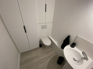 Douche, sèche-cheveux, serviettes fournies, savon