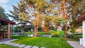 A garden with a pond, stone pathway, and a hammock.