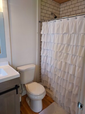 Douche, serviettes fournies, savon, papier toilette