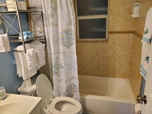 Ensemble douche/baignoire, sèche-cheveux, serviettes fournies, savon