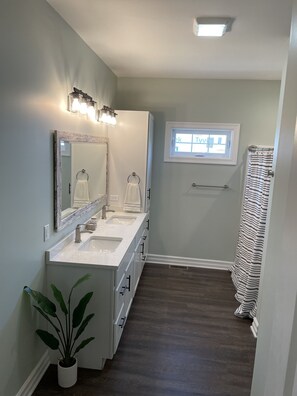 Combined shower/bathtub, hair dryer, towels