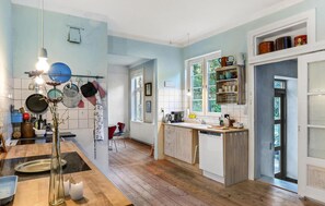 Fridge, stovetop, dishwasher, coffee/tea maker