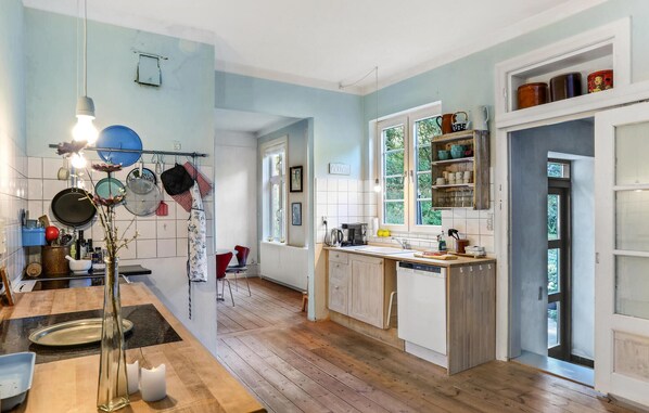 Fridge, stovetop, dishwasher, coffee/tea maker