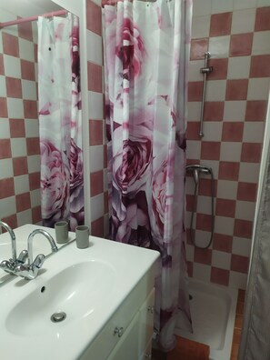 Shower, hair dryer, towels, toilet paper