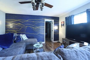 TV connectée, cheminée, livres, chaîne hi-fi
