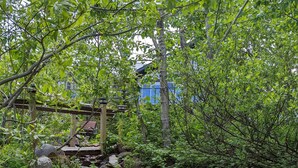 Un ruisseau aux berges rocheuses, avec un pont en bois et une végétation luxuriante.