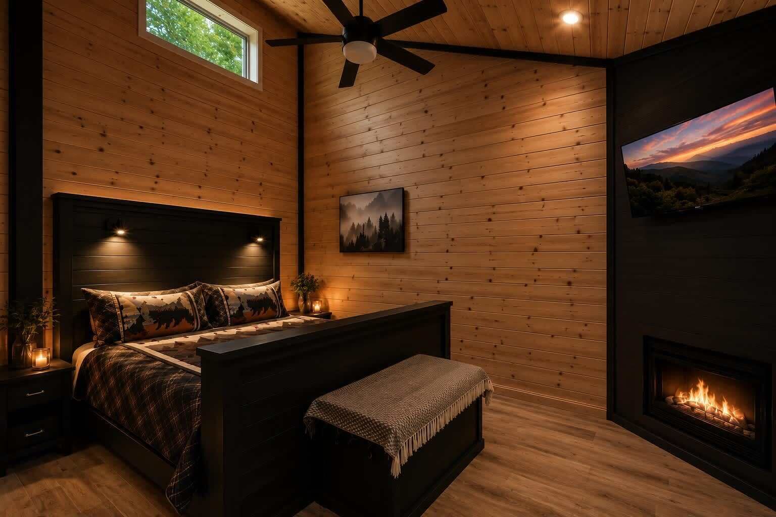 A bedroom with a bed, bedside tables, a ceiling fan, a fireplace, and a wall-mounted TV.